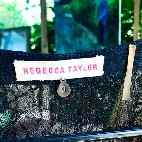 Rebecca Taylor lace black ruffle short sleeve blouse. Yellow corset tie back. SM - Picture 13 of 13